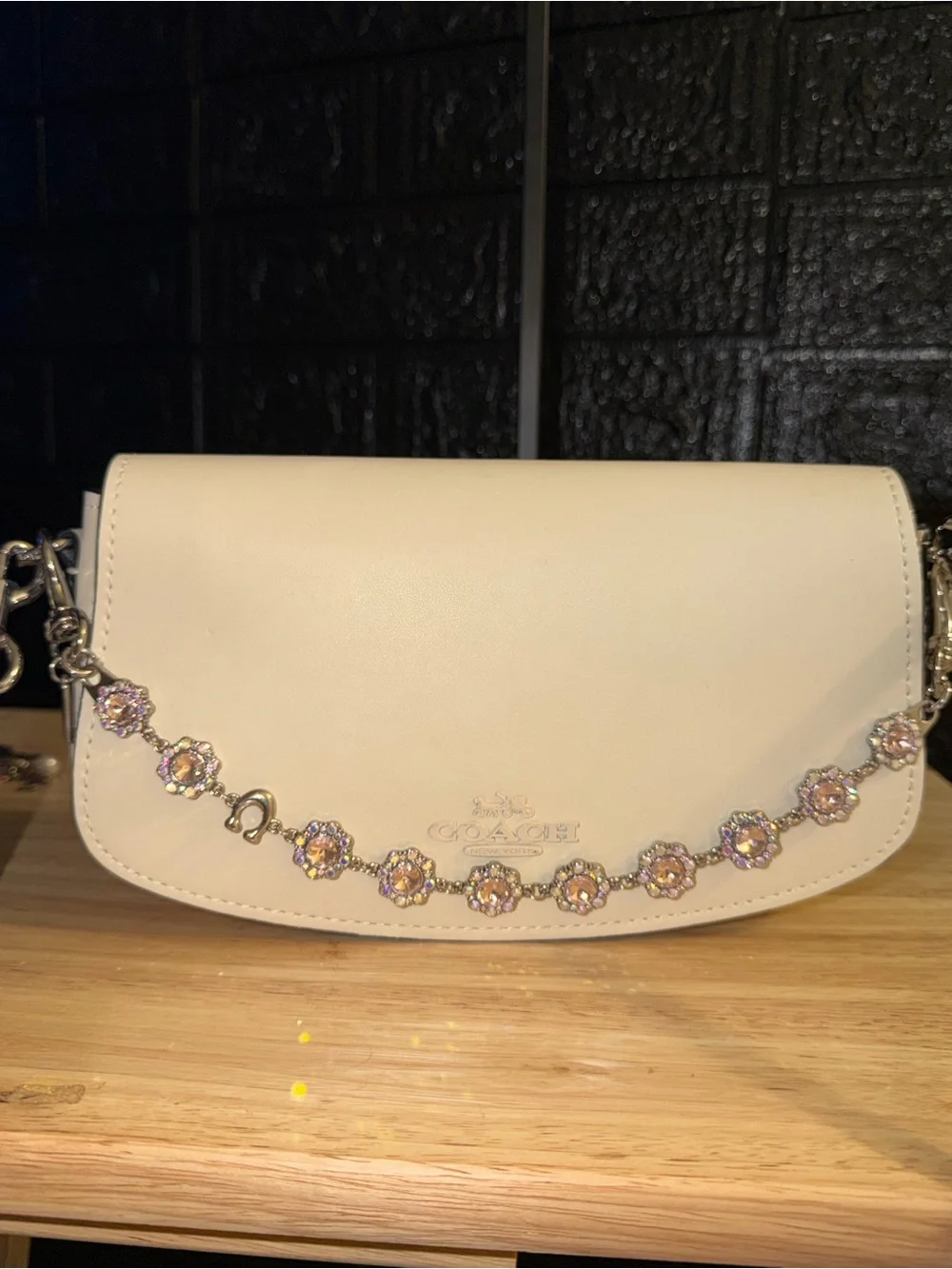 Coach Cream Leather Crossbody with Crystal Floral Strap